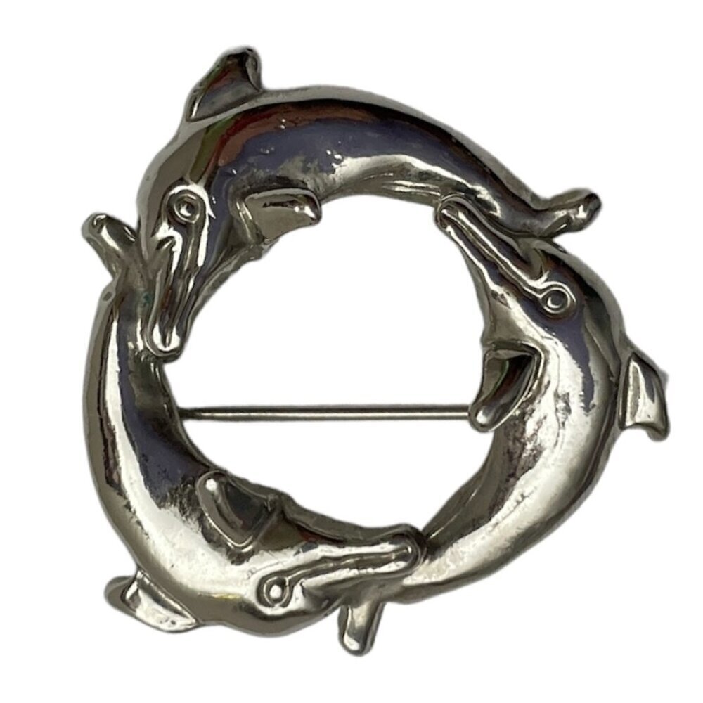 Silver Metal Dolphins Brooch Beachy Silver Jewelry Coastal Sea Life Pin